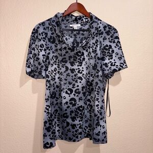 Grey & black leopard print blouse cute ruffled collar top formal short sleeve